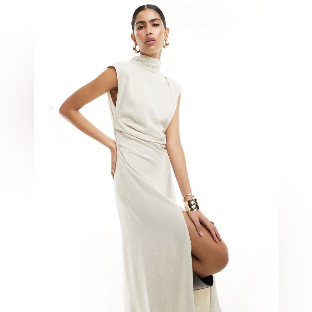 ASOS DESIGN Linen High Neck Midi Dress w/Open Back & Button Neck Detail